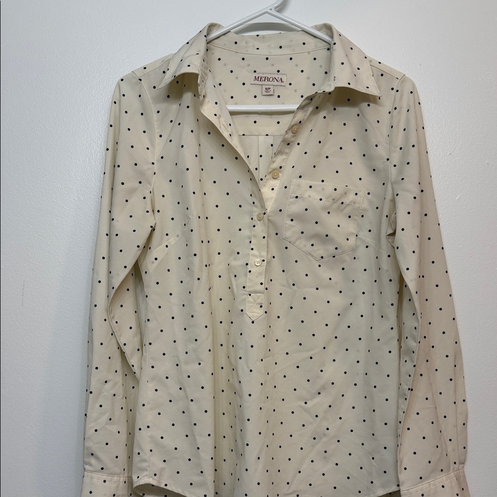 Merona Beige Blouse with Black Dots